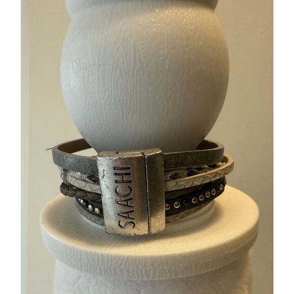 Saachi Silver Multi-Layer Leather Beaded Magnetic Bracelet Boho Chic - Picture 2 of 6